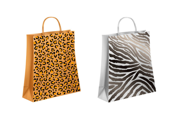 Verzameling van realistische papieren tassen met zebra- en luipaardprints - Vector, afbeelding