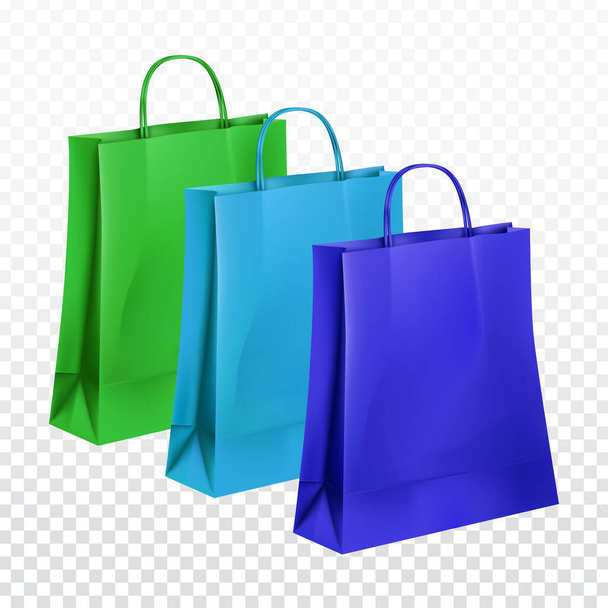 ollection of paper bags in three colors: green, light blue and dark blue, isolated on transparent background - Vector, Image
