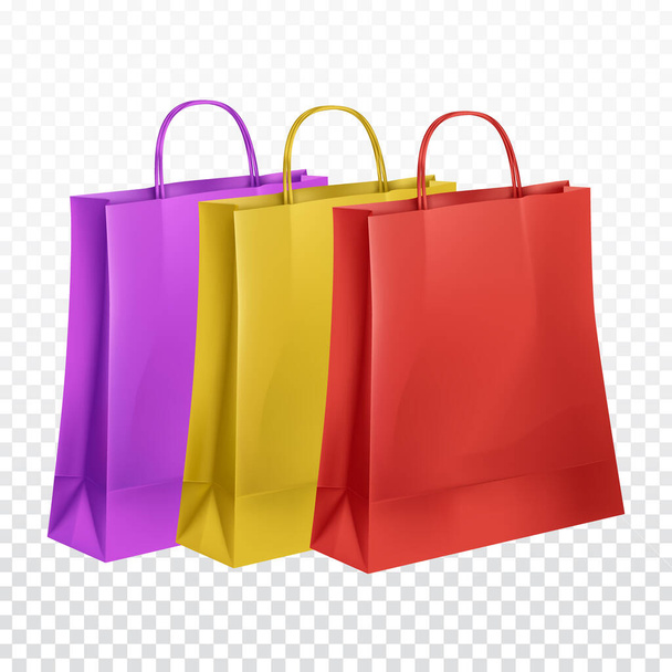 ollezione di sacchetti di carta in tre colori: viola, giallo e rosso, isolati su sfondo trasparente - Vettoriali, immagini