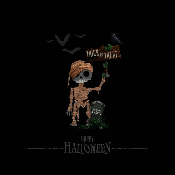 Halloween achtergrond met spookhuis, vleermuizen, kerkhof en mummie vector illustratie. Kopieer ruimte voor tekst. - Vector, afbeelding