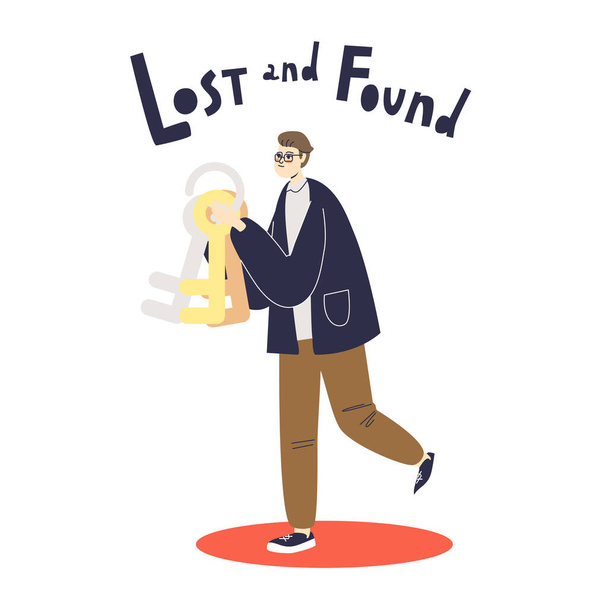 Man bringing stack of keys to lost and found service. Cartoon male character helping with loses - Vector, Image