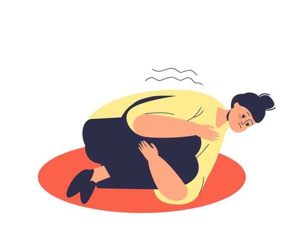 Mujer deprimida con ataque de pánico tendida en el suelo abrazándose las rodillas asustada y estresada - Vector, imagen