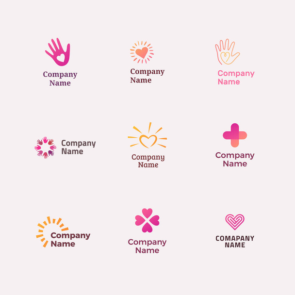 Set of different logos for charity, non-profit organizaiton, fundraising event, volunteer centre. Simple modern design. - Vektör, Görsel