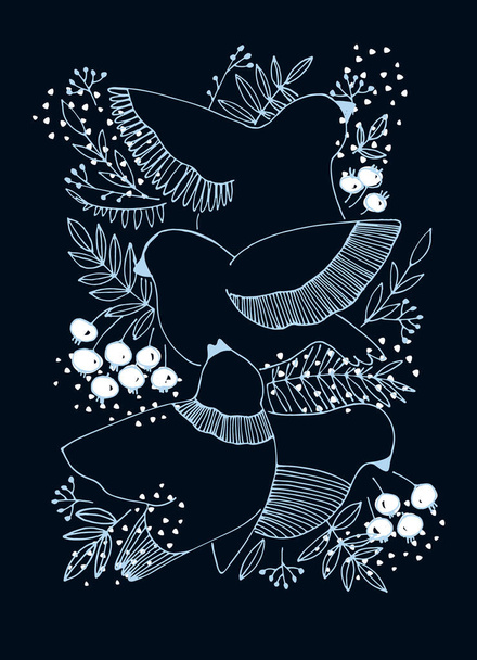 Arredamento arte stampabile. Illustrazione vettoriale disegnata a mano con uccelli, bacche e neve su sfondo blu scuro - Vettoriali, immagini