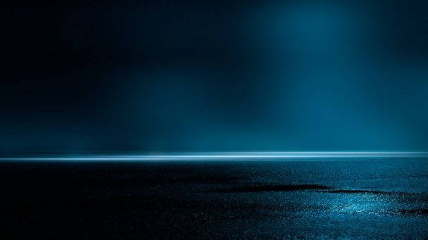 Dark cold wet street, asphalt, neon light. Reflection of neon in water. Empty night street scene, night city, smoke. abstract dark empty scene abstract night landscape neon blue light tree silhouettes reflection water moonlight light place - Photo, image