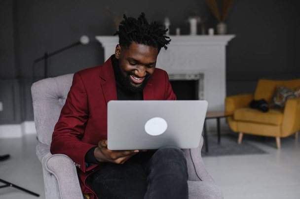 Black Man Working From Home Having Online Group Videoconference On Laptop - Zdjęcie, obraz
