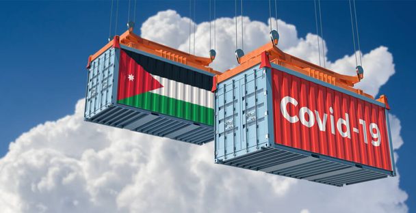 Container mit Coronavirus Covid-19 Text auf der Seite und Behälter mit jordanischer Flagge. 3D-Rendering  - Foto, Bild