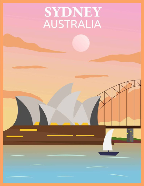 Иллюстрационный векторный дизайн ретро и винтажного туристического плаката Сиднея, Австралия. - Вектор,изображение