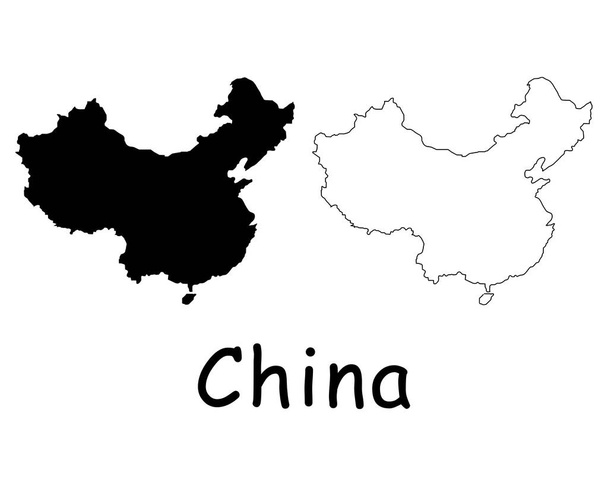 Kína Ország Térkép. Fekete sziluett és vázlat elszigetelt fehér háttér. EPS vektor - Vektor, kép