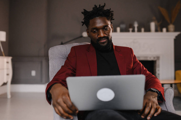 Black Man Working From Home Having Online Group Videoconference On Laptop - Photo, Image