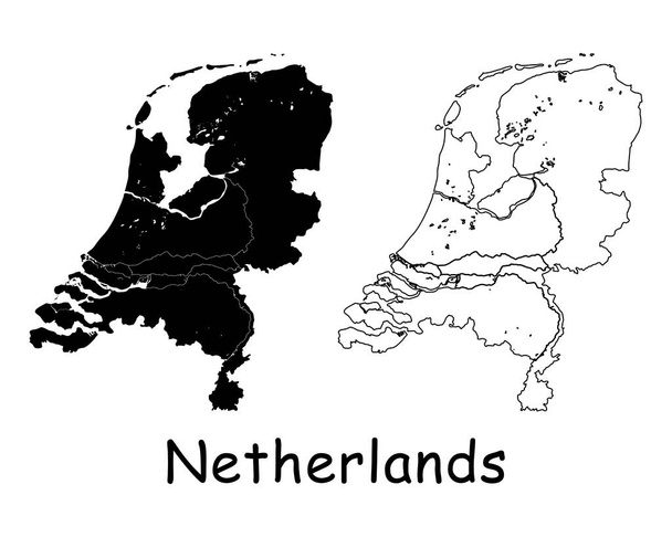 Карта Нидерландов. Черный силуэт и очертания изолированы на белом фоне. Вектор EPS - Вектор,изображение