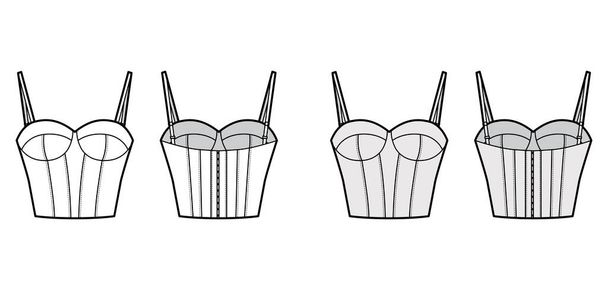 Bra longline lingerie technical fashion illustration with adjustable shoulder straps, molded cup, hook-and-eye closure - Vector, Image