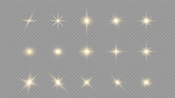 Estrelas douradas brilhantes isoladas sobre fundo preto. Efeitos, brilho, linhas, brilho, explosão, luz dourada. Ilustração vetorial  - Vetor, Imagem