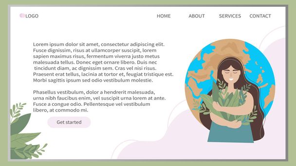 Web banner design sablon. A lány egy csokor füvet tart a kezében, a bolygónk hátterében. A Föld napja. A természetvédelem, az ökológia és a környezet fogalma. Vektor - Vektor, kép