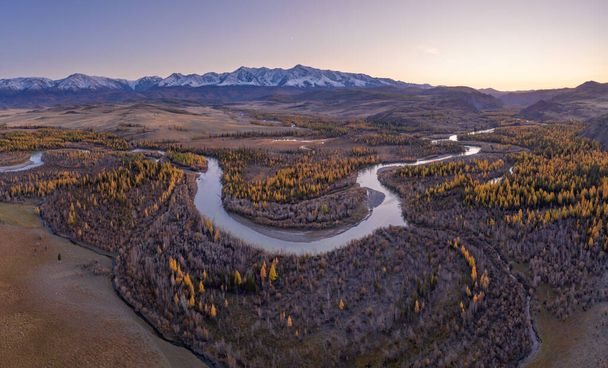 Steppe Kurai, Fluss Chuya, Gelbe Lärchen und Berge bei Sonnenuntergang im Herbst. Luftaufnahme. Altai-Gebirge - Foto, Bild