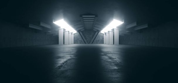 Alien Spaceship Sci Fi Concrete Rough Cement Garagem Túnel Corredor Armazém Showroom Subterrâneo Futurista Moderno Fundo 3D Rendering Illustration - Foto, Imagem