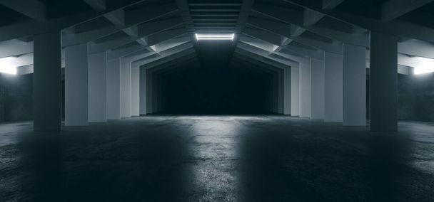 Alien Spaceship Sci Fi calcestruzzo grezzo cemento Garage Tunnel Corridoio Magazzino Showroom Underground Futuristic Modern Background 3D Rendering Illustrazione - Foto, immagini