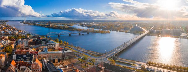 Epic panoramic Riga view from above. Aerial view of the old town of Riga, Latvia. Beautiful after storm clouds, wet weather and sunny clouds. - Zdjęcie, obraz