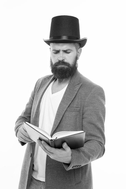 Acting school. Practicing acting. Recite verses. Poet or writer. Author of novel. Inspired bearded man read book. Poetry reading. Literature teacher. Guy read book. Literary criticism. Acting classes - Photo, Image