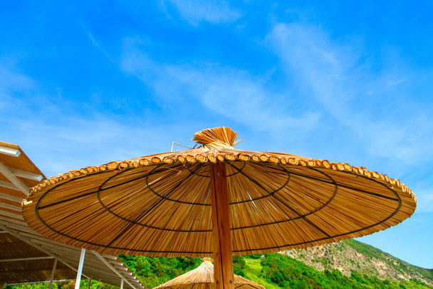 Под экзотическим пляжным зонтиком. Отдых на тропическом побережье  - Фото, изображение