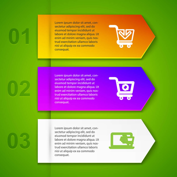Set line Add to Shopping cart, Refresh shopping, on laptop and with check mark. Business infographic template. Vector. - ベクター画像