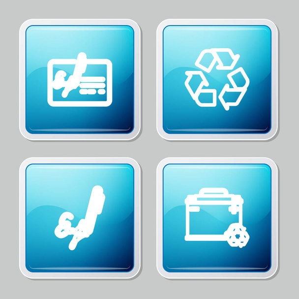 Szett vonal Aláírt dokumentum, Újrahasznosítás szimbólum, Aláírás és autó akkumulátor újrahasznosítás ikon. Vektor. - Vektor, kép