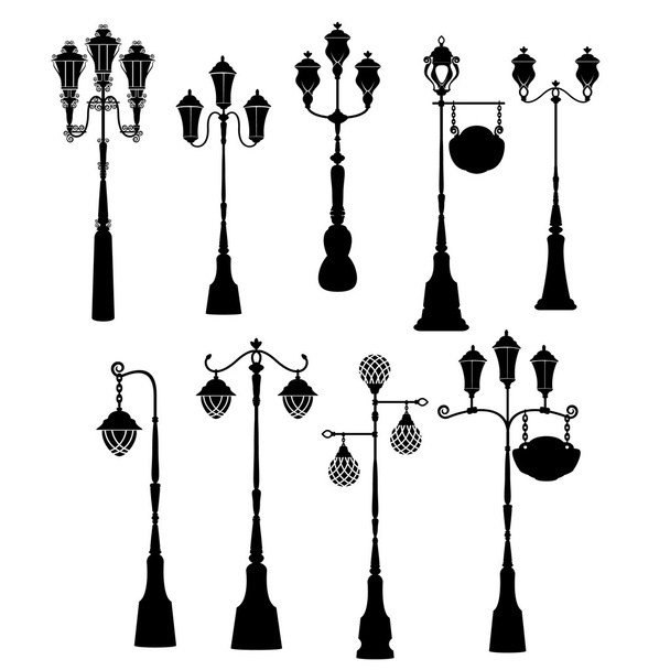 Set of retro street lanterns silhouettes  - Vektori, kuva