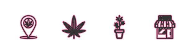 Sabit hat konumu ve marihuana, esrar bitkisi veya kenevir yaprağı ve dükkan ikonu. Vektör. - Vektör, Görsel
