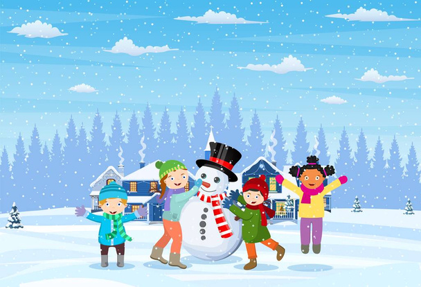 Дети строят снеговика - Вектор,изображение