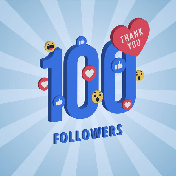 Banner de medios sociales con gracias por 100 seguidores. Tarjeta azul con 3D Gracias celebrar todos los suscriptores o seguidores con simple post. - Vector, imagen