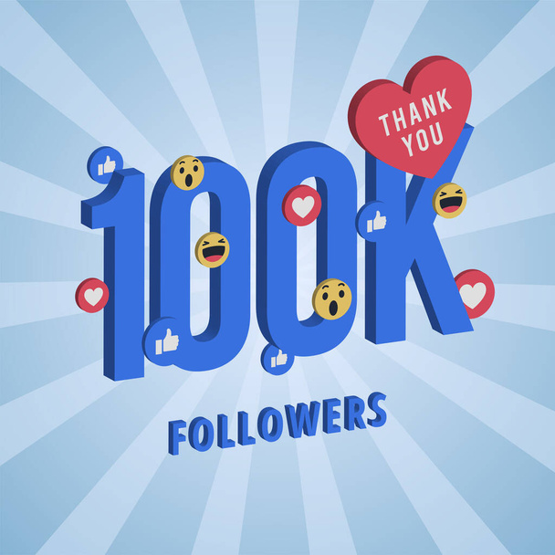 Social-Media-Banner mit Dankeschön für 100.000 Follower. Blue Card mit 3D Danke an alle Abonnenten oder Follower mit einfacher Post. - Vektor, Bild