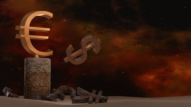 El euro dorado ha dejado caer el signo del dólar del pedestal y se encuentra sobre un viejo pedestal rodeado de símbolos oxidados de otras monedas sobre el fondo de un cielo rojo con nubes. Concepto de fortalecimiento del euro. Finanzas. 3D - Foto, imagen