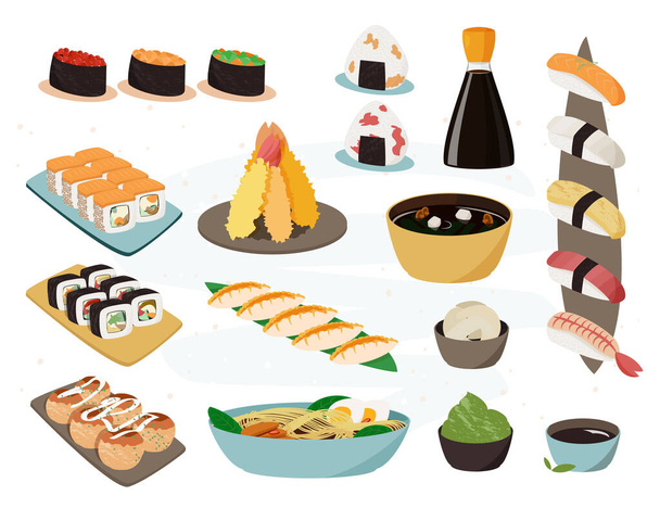 日本料理コレクション。写実的なイラストのベクトルセット。伝統的な日本料理. - ベクター画像