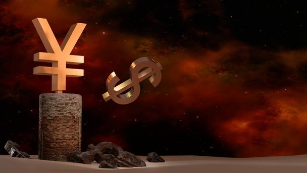 Pozlacený japonský jen upustil dolarovou ceduli z podstavce a stojí na starém podstavci obklopeném rezavými symboly jiných měn na pozadí rudé oblohy s mraky. Posilující koncept. Finance. 3D - Fotografie, Obrázek