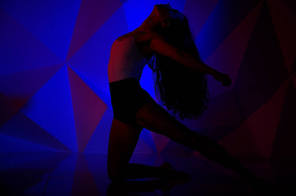 Kobieta tańcząca na tle pięknej, wielobarwnej ściany. Sexy szczupła samotna dziewczyna z długimi czarnymi włosami. Samica trzyma głowę. jasne kolorowe tło geometrii - Zdjęcie, obraz