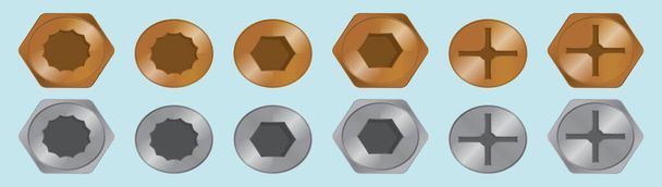 conjunto de tornillos plantilla de diseño icono de dibujos animados con varios modelos. ilustración vectorial aislada sobre fondo azul - Vector, Imagen
