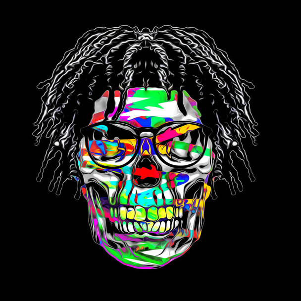 fényes színes művészeti koponya raszta szemüveg, grafikai tervezés illusztráció fekete háttér  - Fotó, kép