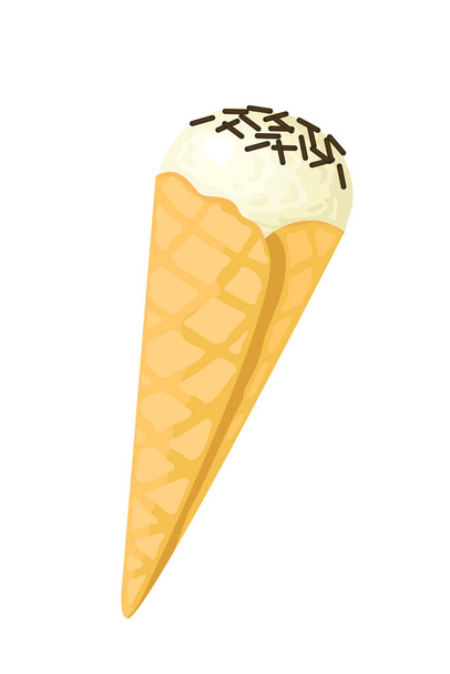 Bola de baunilha de sorvete vetorial em cone de waffle. Deliciosa sobremesa fria com chocolate. Grandes elementos para o design de comida de verão. - Vetor, Imagem