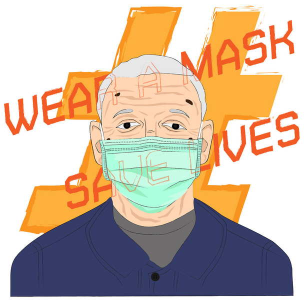 Campaña para usar máscaras faciales, Use máscaras para prevenir la COVID-19 y la infección por peste, # Use una máscara para salvar vidas, ilustración de máscaras quirúrgicas. - Vector, imagen