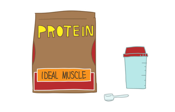 Illustration of strength training items, powder type protein and shaker set - Vector, Image