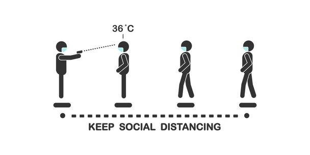 A társadalmi távolság szimbóluma sorban állás ellenőrzésére homlok hőmérséklet mérés érintkezés nélküli szűrés Coronavirus (COVID-19) infravörös hőmérő pisztoly, Új normál koncepció. - Vektor, kép