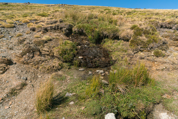 fuente de agua en el lado de una montaña en la Sierra Nevada, hay vegetación, hay piedras y el cielo está despejado - Foto, Imagen