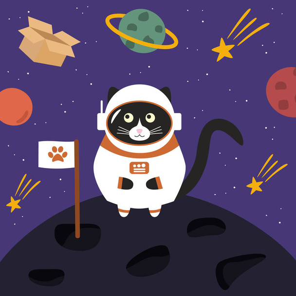 Cute czarny kot astronauta w skafandrze kosmicznym zobaczył pudełko. Na kosmicznym fioletowym tle. Doodle płaski ilustracja wektor. - Wektor, obraz