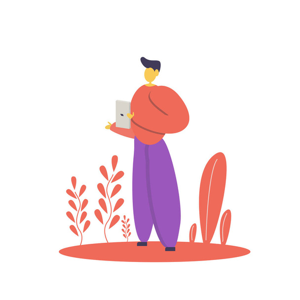 A man with a tablet in his hands stands against the background of plants. Illustration of online learning. A man speaks at a video conference - Vektor, obrázek