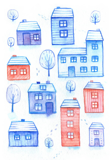 Talo lumi talvi puut pensaat polku postikortti valkoinen akvarelli postikortti kuva maisema Skandinavian Pohjoismainen kuvitus taidetta - Valokuva, kuva