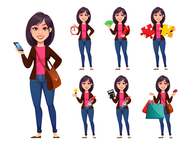 Business woman, set of seven poses. Beautiful businesswoman cartoon character. Vector illustration - Vector, Image