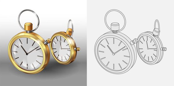 Realistische 3D-Modelle von goldenen Taschenuhren. Zwei klassische Taschenuhren Poster Design Template. Malvorlagen und bunte Uhren. Vektorillustration - Vektor, Bild