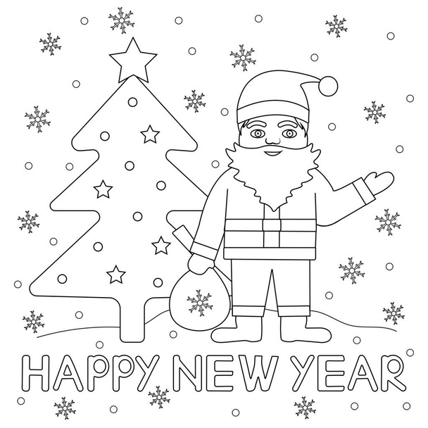 Disegno da colorare. Felice anno nuovo. Babbo Natale, albero di Natale e fiocchi di neve. Sfondo vettoriale. - Vettoriali, immagini