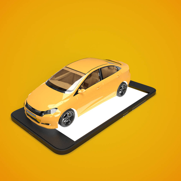 3D vykreslení. Žluté moderní auto stojící na obrazovce mobilního telefonu. Taxi služba  - Fotografie, Obrázek