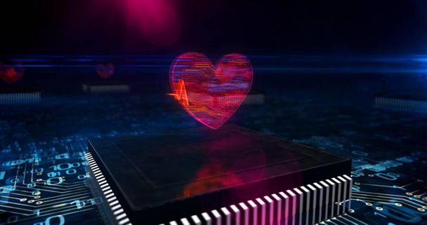 Cyber-Leben und schlagendes Herz. Liebe, digitales Dating, Robotik, Gesundheitstechnologie Konzept Produktionslinie abstrakte 3D-Rendering-Illustration. Prozessorfabrik mit Laser-Brennsymbolen. - Foto, Bild